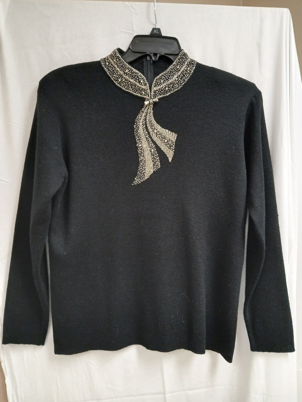 Radzoli Black Crewneck Sweater with Silver Beaded Scarf Detail